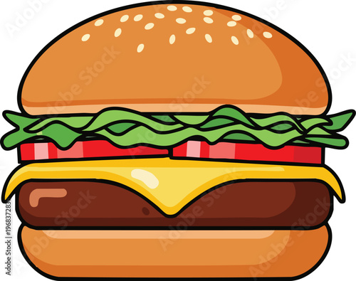 Delicious Cartoon Cheeseburger with Sesame Seed Bun and Fresh Toppings.
