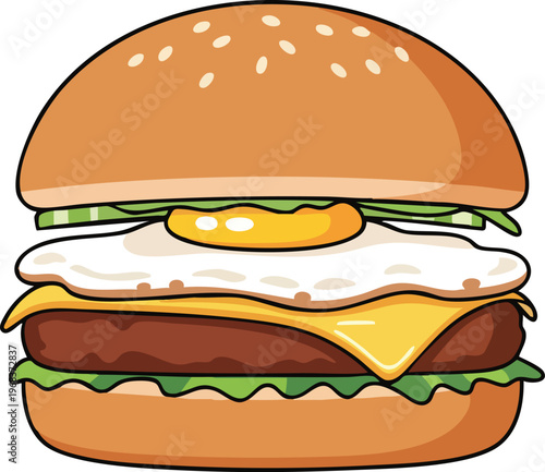 Delicious Cartoon Burger with Fried Egg and Cheese.