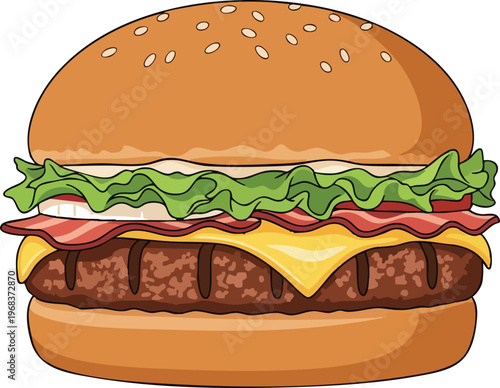 Delicious Cartoon Style Hamburger with Fresh Ingredients.