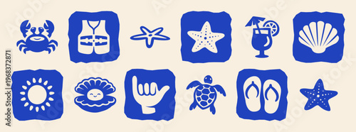 Retro Summer Beach Fun Icon Set Flat Vector Illustration, Tropical Themed elements with Starfish, cocktail, Seashell, Sun, Shaka Sign, Flip-Flops for T-Shirt Print, Poster, Coastal Design