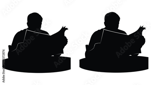 Two men reading newspapers depicted in a striking black silhouette