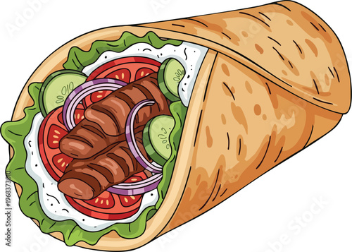 Delicious Middle Eastern Kebab Shawarma Wrap with Fresh Vegetables.