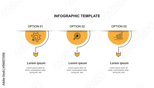 3 step infographic element. 3 circle horizontal for presentation. Modern graphic business information with yellow colors.