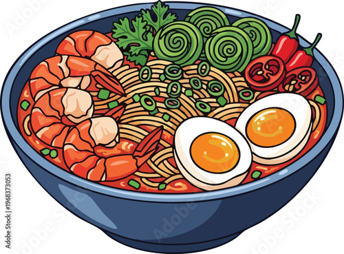 Delicious ramen bowl with shrimp and perfectly cooked eggs.