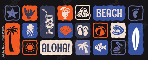 Retro Beach & Surf Icon Set Flat Vector Illustration, Summer Themed Tropical elements with Starfish, Palm Tree, Surfboard, Flip-Flops, Seashell, Jellyfish for T-Shirt Print, Poster, Coastal Design