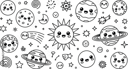 Vector illustration of cute cartoon solar system with smiling sun, planets, stars and comets