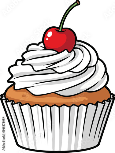 Delicious vanilla cupcake with white frosting and a red cherry on top.