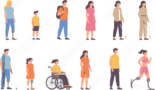 Vector illustration of diverse people with disabilities using prosthetics, wheelchairs and white canes