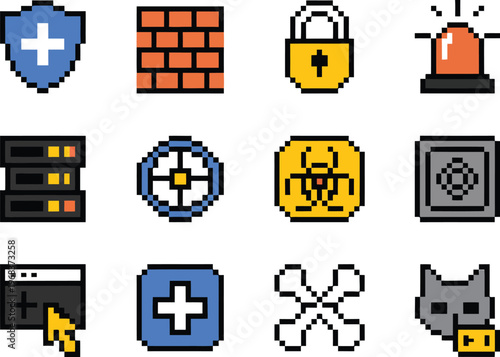 Cybersecurity icons collection, pixel style cyber defense suite featuring shield emblem firewall wall encrypted lock intrusion alert beacon secure server rack threat radar and malware symbols.