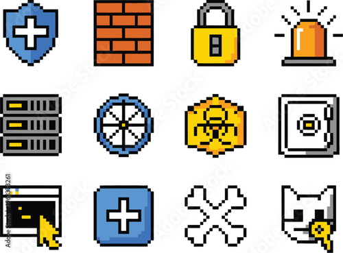 Cybersecurity icons collection, pixel art vector set with shield firewall lock alert beacon secure server radar and malware elements for network security and digital protection design.