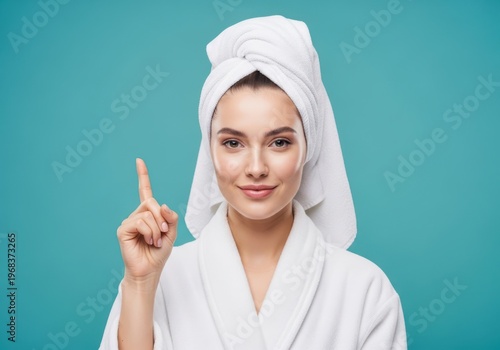 Woman in bathrobe and towel on head, pointing finger up