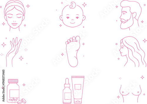 Vector illustration of health, beauty and wellness icons including faces, skincare, medicine and body care