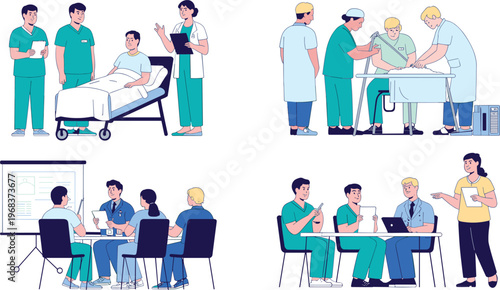 Vector illustration of medical professionals collaborating in patient care, procedures, meetings and discussions