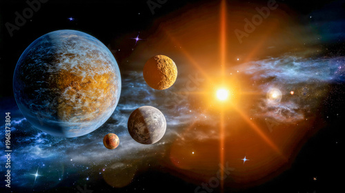 Cosmic dance of planets and stars in a vibrant, colorful universe during a timeless moment of celestial beauty