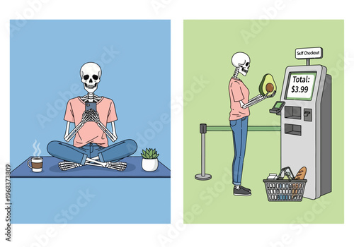Funny Skeleton in Modern Daily Life: Sitting with Smartphone and Grocery Shopping at Self-Checkout - Humorous Illustration of Waiting and Millennial Lifestyle