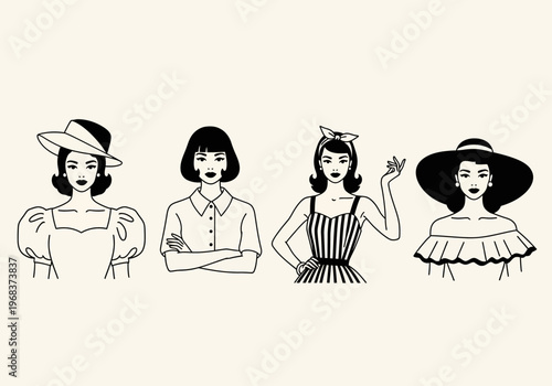 Set of Retro Vintage Woman Portraits, Minimalist Black and White Line Art Mid-Century Fashion Illustrations