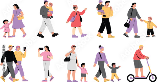 Vector illustration of people in daily activities including walking, parenting, photography and scooter riding