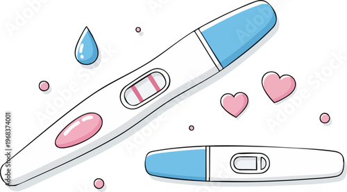 Positive pregnancy test vector illustration, plastic home ovulation check with two pink lines, medical diagnostic kit for motherhood and fertility