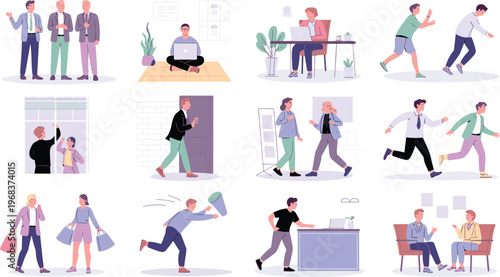 Vector illustration of people in everyday interactions including work, leisure, shopping and communication