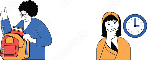 A teacher helping a student prepare for an important exam under a time constraint symbolized by a clock