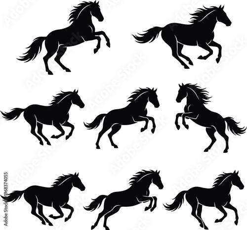Set of black horse silhouettes running and jumping in various dynamic poses  isolated on transparent background