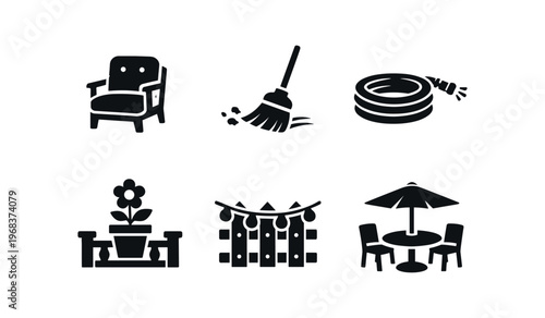 Black outdoor and garden icons including an armchair, broom, hose, potted plant on a railing, string lights and a table with umbrella.