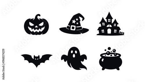 Six black halloween icons featuring a jack-o-lantern, witch hat, haunted house, bat, ghost and bubbling cauldron.