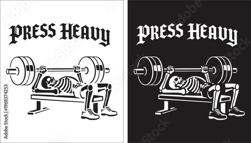Skeleton Bench Press Workout Illustration with “Press Heavy” Gothic Typography