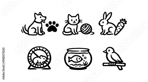 A group of seven black pet icons including a sitting dog with paw print, cat with yarn, rabbit with carrot, hamster wheel, fish in a bowl and a perched bird.