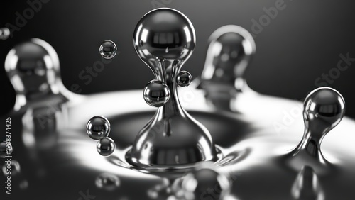 Abstract illustration of fluid dynamics showing droplets forming and merging on reflective surface