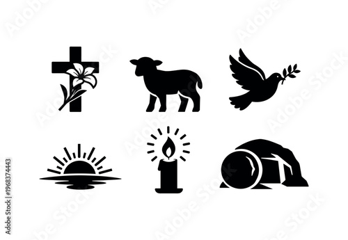 Black silhouette icons of easter symbols including a cross with a lily, a lamb, a dove with olive, a sunrise, a candle and an empty tomb.