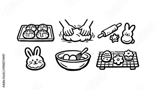 Line art icons of easter baking items including a baking tray, dough being kneaded, rolling pin, bunny, mixing bowl and cooling rack.