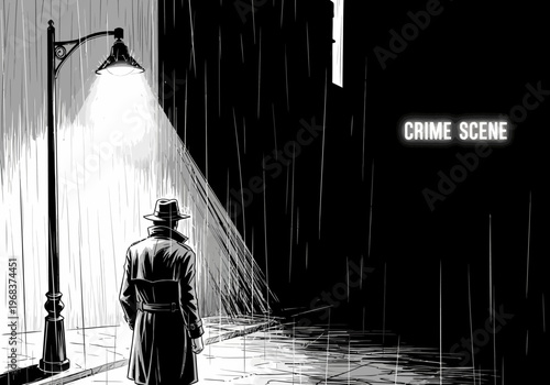 Noir Detective in Trench Coat Standing Under Street Lamp in Rain at Night Crime Scene Illustration