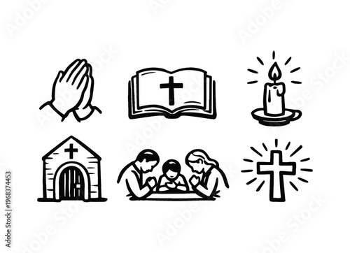 Line art icons of faith and prayer showing praying hands, an open bible, a lit candle, a church, a family praying and a glowing cross.
