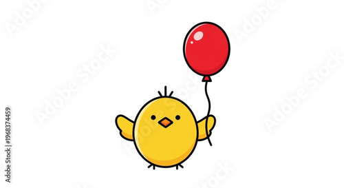 A cheerful yellow chick holds a bright red balloon in the air