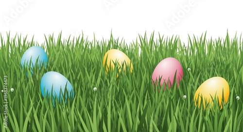 Colorful easter eggs hidden within lush green grass blades