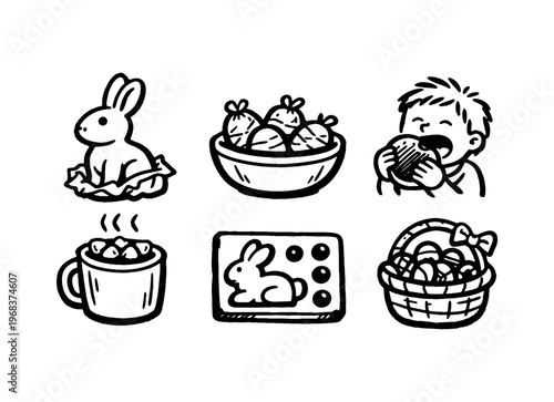 A collection of black line chocolate easter icons showing a bunny, bowl of eggs, child eating chocolate, steaming mug, chocolate bar and egg basket.