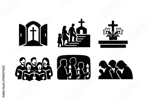Black silhouette church easter icons featuring a church doorway with cross, a family procession, floral cross, choir, worshippers holding candles and praying.