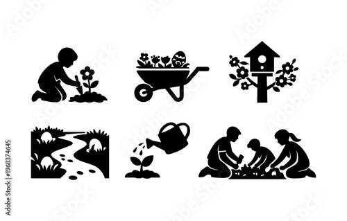 A set of black silhouette garden icons showing a child planting, wheelbarrow of flowers, birdhouse, winding path, watering can and people gardening with the caption easter garden.