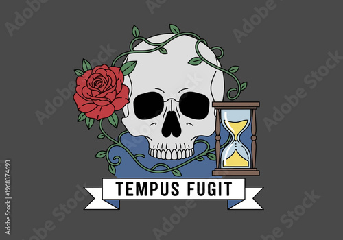 Memento Mori Vector Illustration with Skull, Red Rose, and Hourglass featuring Tempus Fugit Latin Quote