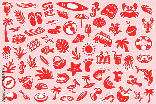 Retro Tropical Beach Holiday Icons Seamless Pattern Background, Vintage Hand-Drawn Summer Fun Flat Vector Doodle Illustration for Textile, Wallpaper, Wrapping, Banner, Web, Print, Advertising Design