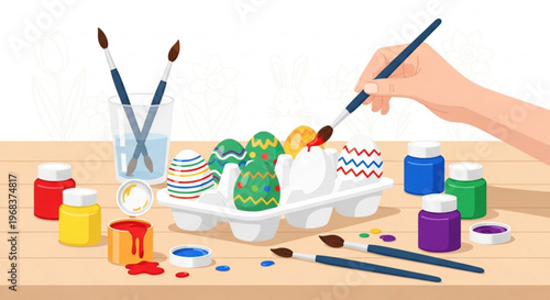 A hand paints colorful easter eggs nestled in a white cardboard carton