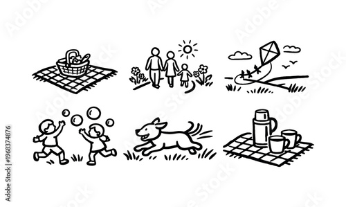 Black outline icons showing spring picnic activities including a basket, family, kite, children with bubbles, dog and blanket with thermos.