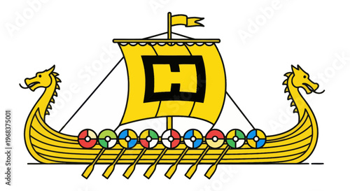 Viking ship with dragon heads sailing.