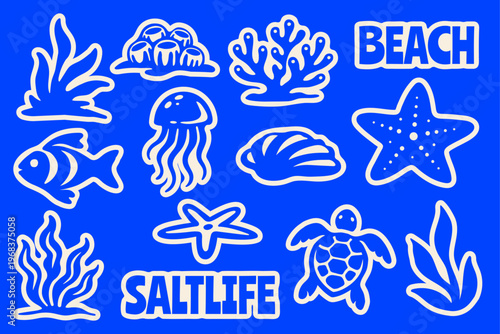 Marine Life Icons Sticker Set, Retro Aquatic Creatures Flat Vector Illustrations with Fish, Coral, Jellyfish, Starfish, Turtle, Seaweed, Seashell for T-Shirt Print, Poster, Scrapbook, Tropical Design