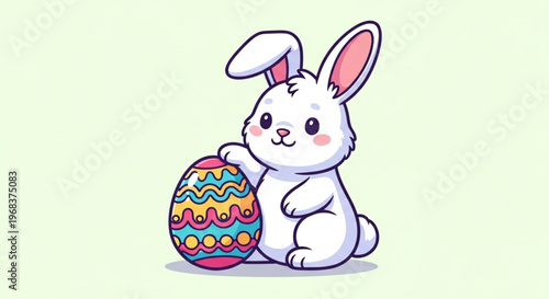 A cute cartoon bunny embraces a colorful patterned easter egg