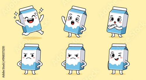 Set of cartoon milk cartons expressing various emotions like joy, confusion, surprise, anger