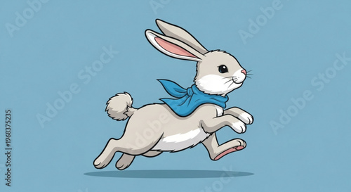 Cartoon rabbit running with a blue scarf illustrated on a light background