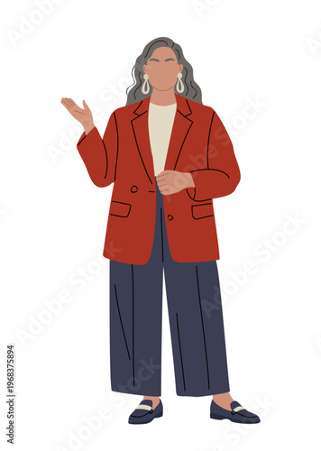 Plus size Business Woman gestures warmly, dressed in a stylish red blazer. She wears wide trousers and comfortable loafers. Ideal for presentations, team meetings