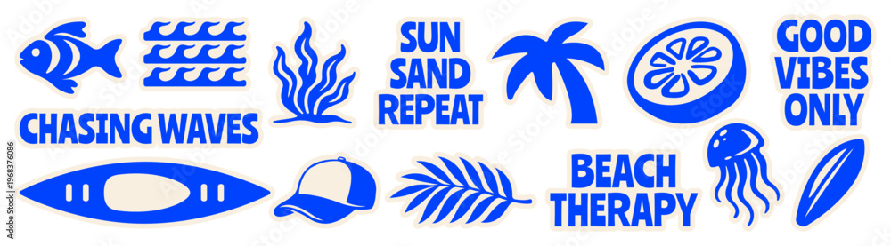 Obraz premium Retro Tropical Beach Vibes Icon Set, Vintage Summer Surf & Ocean Lifestyle Stickers Flat vector Illustration with Fish, Seaweed, Palm Tree, Citrus, Kayak, Cap, Jellyfish, Surfboard, for T-Shirt Print